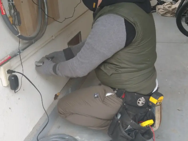 Electrician performing outlet wiring in a Pacheco garage
